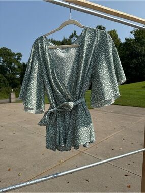 Green Printed Wrap Blouse with Tie Waist